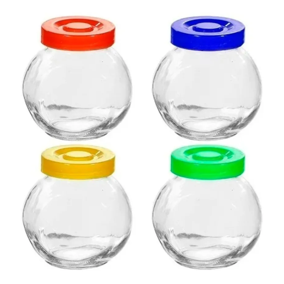 JOGO 4 MINI BALEIRO VIDRO TAMPA COLORIDA 180ML