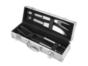 KIT CHURRASCO C/3 INOX FACA+GARFO+PEGADOR C/CX DE ALUMINIO