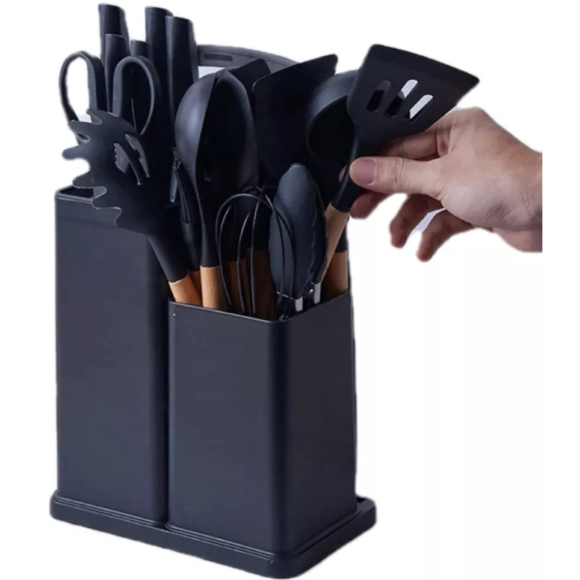KIT 19 UTENSILIOS SILICONE CABO MADEIRA PRETO