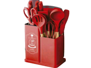 KIT 19 UTENSILIOS SILICONE CABO MADEIRA VERMELHO
