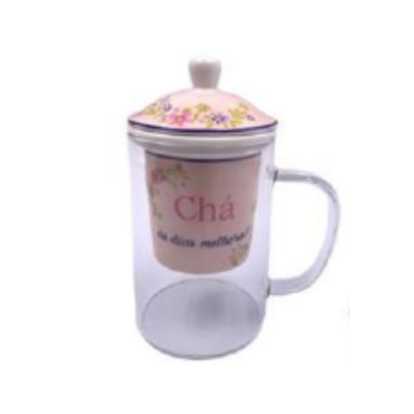 CANECA VIDRO 480ML C/INFUSOR "FLOR ROSA"