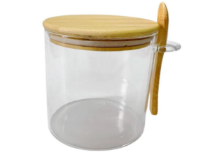 POTE VIDRO 450ML C/TAMPA+COLHER MADEIRA