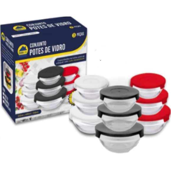 JOGO 3 POTE VIDRO TAMPA-PLASTICA 200/400/550ML