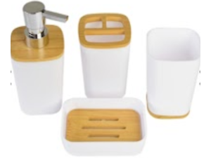 KIT BANHEIRO 4PC PLASTICO PRETO C/BAMBU