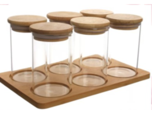 JOGO 6 POTE VIDRO 200ML + BANDEJA BAMBU