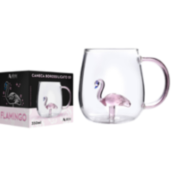 CANECA VIDRO 350ML 3D FLAMINGO