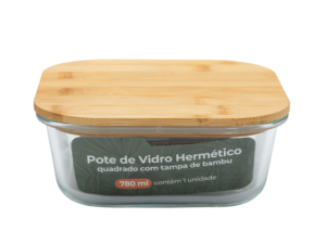 POTE VIDRO 780ML QUADRADO TAMPA-BAMBU