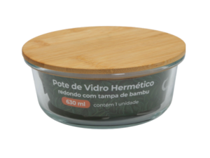 POTE VIDRO 630ML REDONDO TAMPA-BAMBU