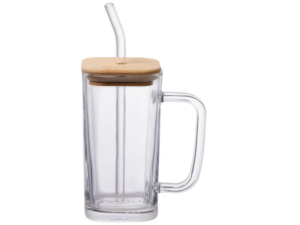 CANECA VIDRO 290ML TAMPA-BAMBU+CANUDO