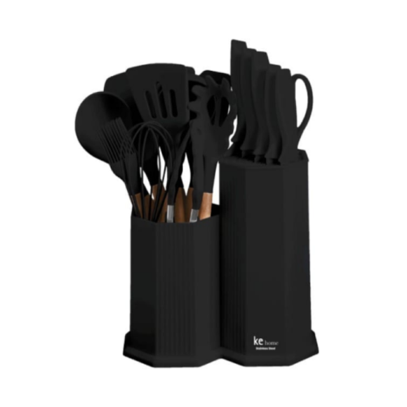 KIT 18 UTENSILIOS SILICONE PRETO MALDIVAS