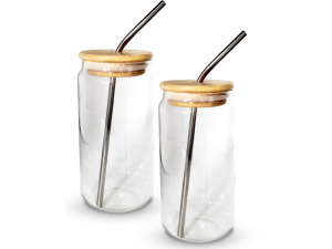 CANECA VIDRO 500ML C/CANUDO INOX TAMPA-BAMBU