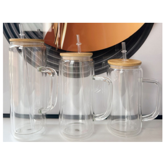 CANECA VIDRO 350ML C/CANUDO VIDRO TAMPA-BAMBU