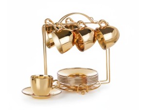 JOGO DE XICARAS COM 6 PEÇAS DE VIDRO 85ML PARA CAFE GOLD COM SUPORTE - SEUL